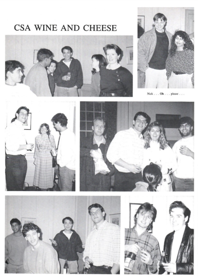 Black and white yearbook photo gallery of CSA Wine and Cheese Night, 1989