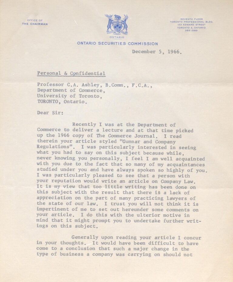 Correspondence between Professor Charles Allan Ashley  and J. R. Kimber, the first chairman of the Ontario Securities Commission. (courtesy University of Toronto Archives)