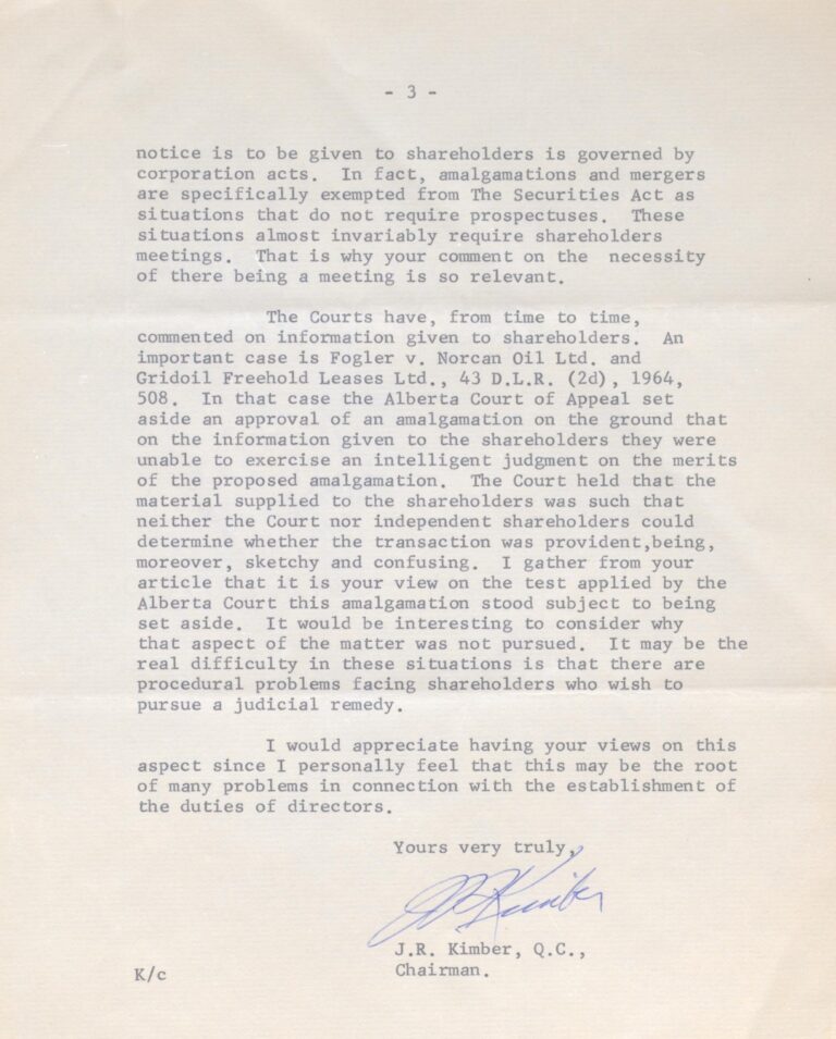 Correspondence between Professor Charles Allan Ashley  and J. R. Kimber, the first chairman of the Ontario Securities Commission. (courtesy University of Toronto Archives)