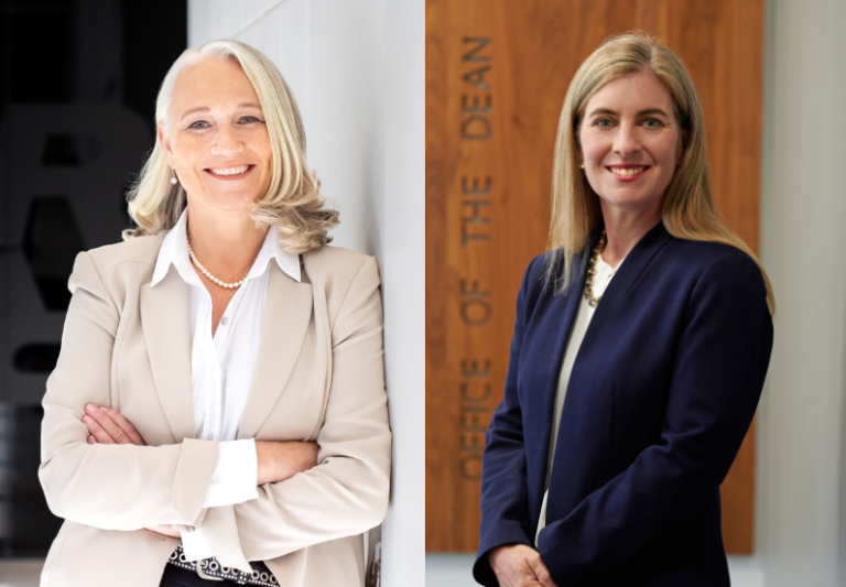 One woman on the left standing with a black and white background and one woman standing on the right with a wood background that reads Office of the Dean.