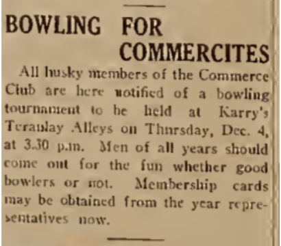 Varsity article inviting all Commerce Club members to its annual bowling tournament (December 1924)