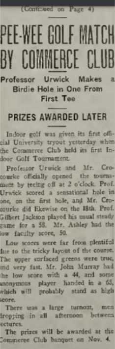 Varsity article discussing miniature golf tournament results (October 19, 1930)